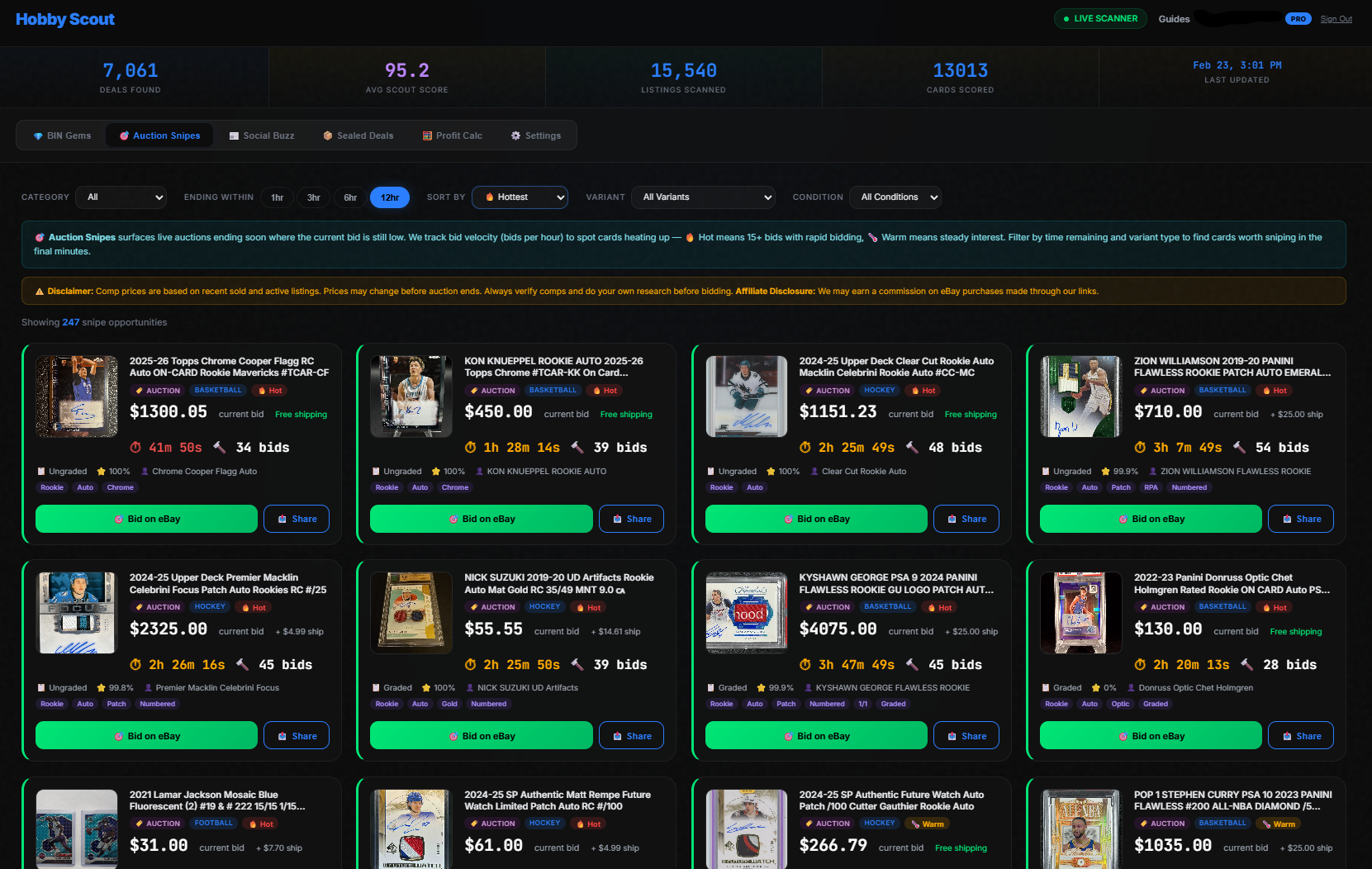 Hobby Scout Auction Snipes dashboard